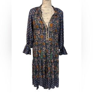 NAUDIC Orange and Blue Tiered Bohemian Sundress with Bishop Sleeves EUC